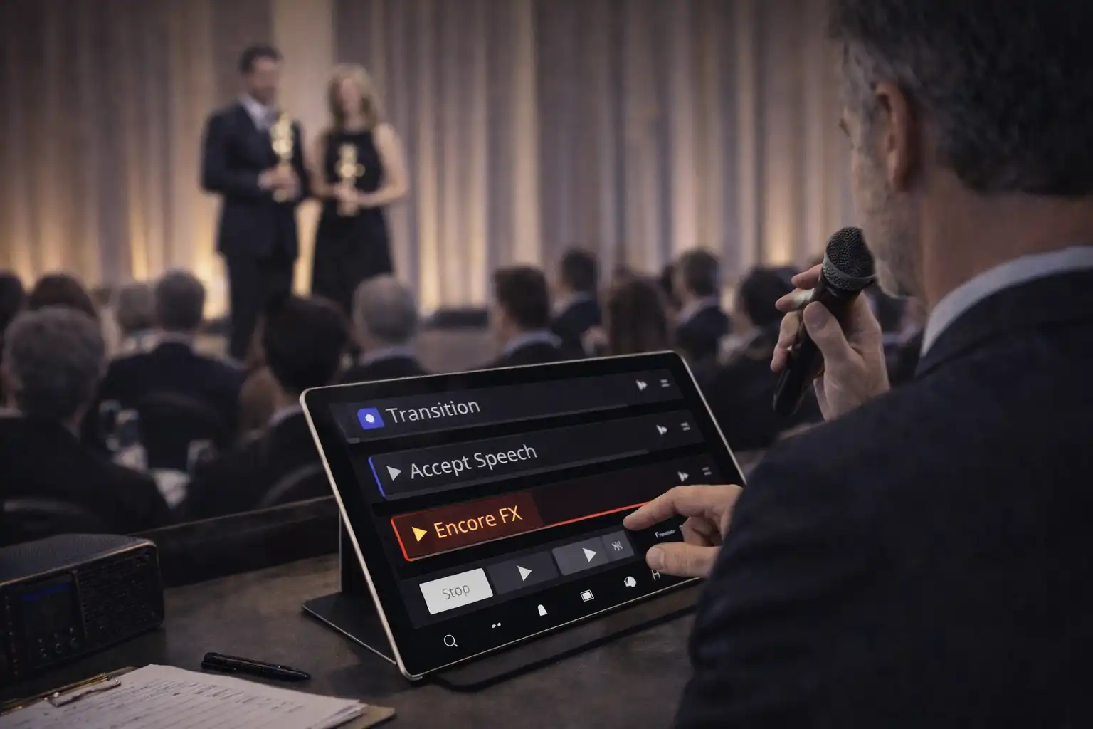 Animateur déclenchant un jingle sur tablette pendant un événement en direct