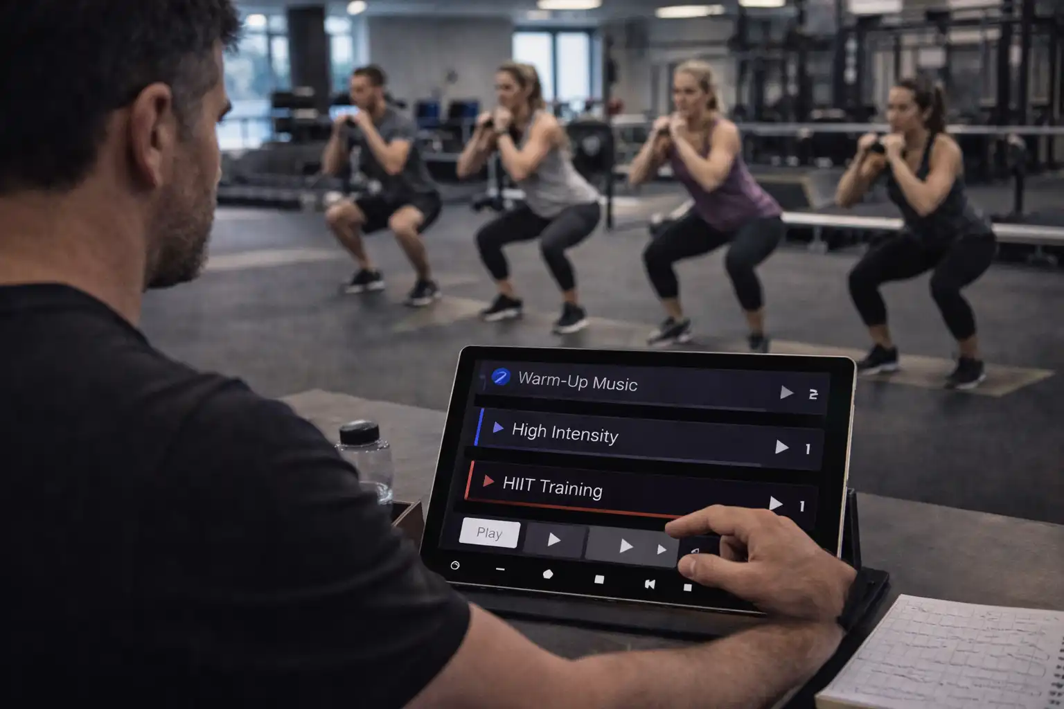 Coach sportif en extérieur contrôlant la musique pendant un bootcamp