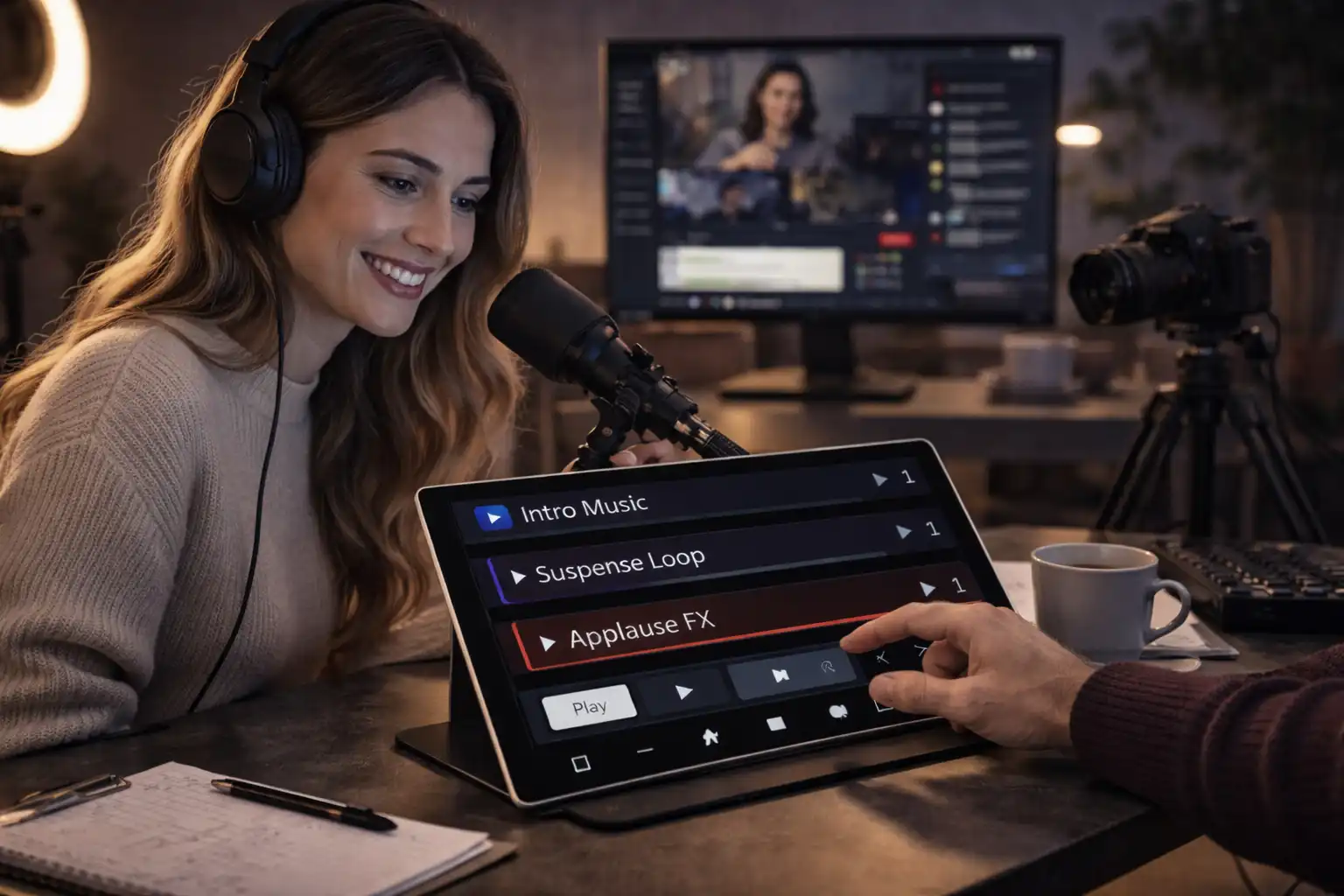 Créateur de contenu déclenchant un jingle sur tablette pendant un tournage vidéo