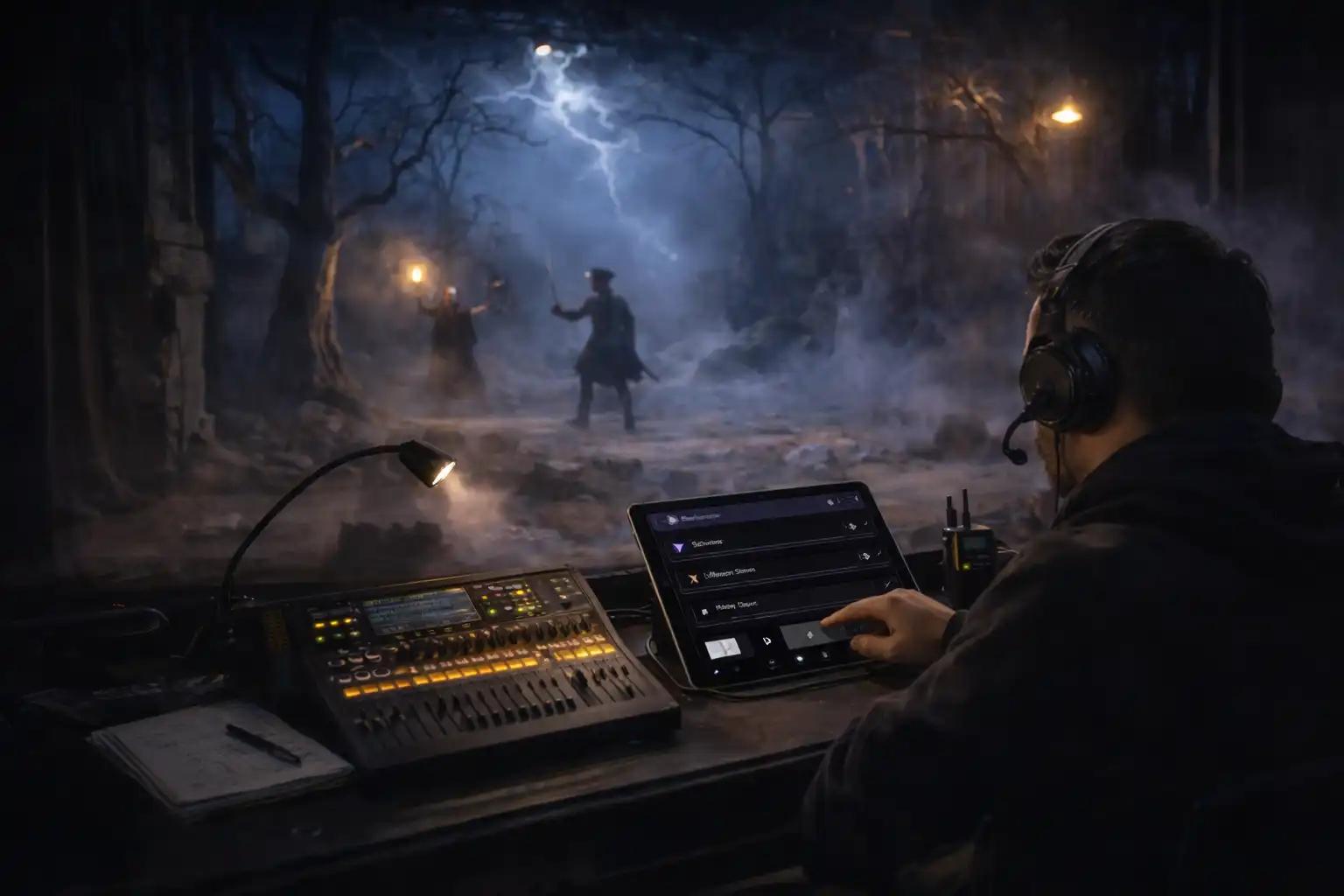 Régisseur lançant un son sur tablette en coulisses de théâtre