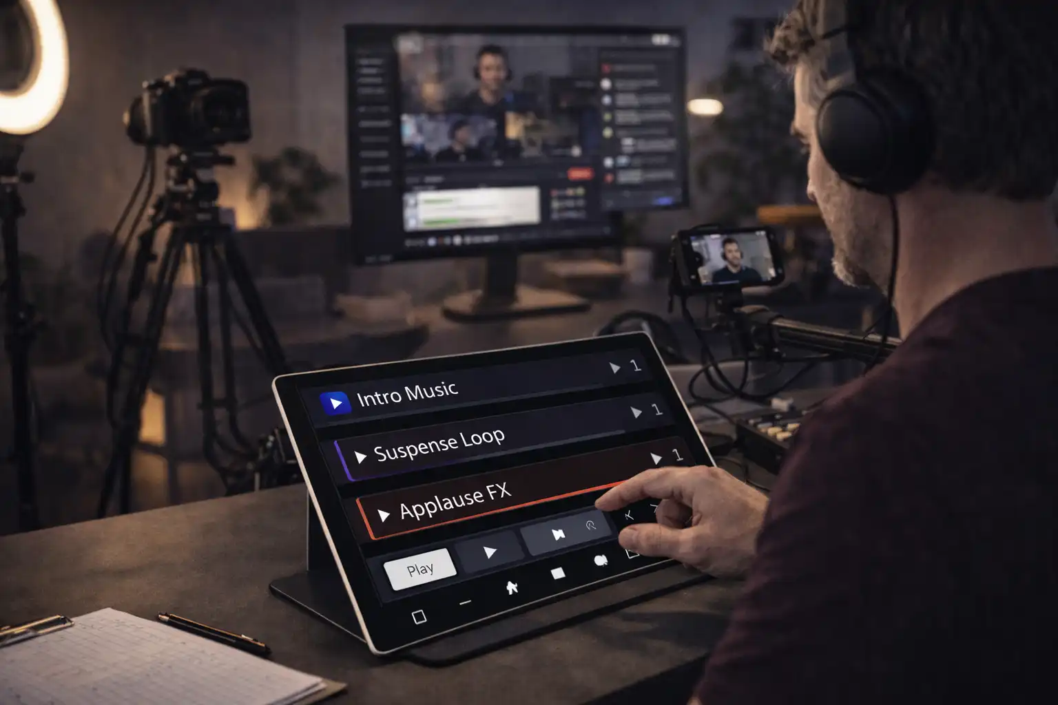 Influenceur contrôlant une playlist audio pendant un live streaming