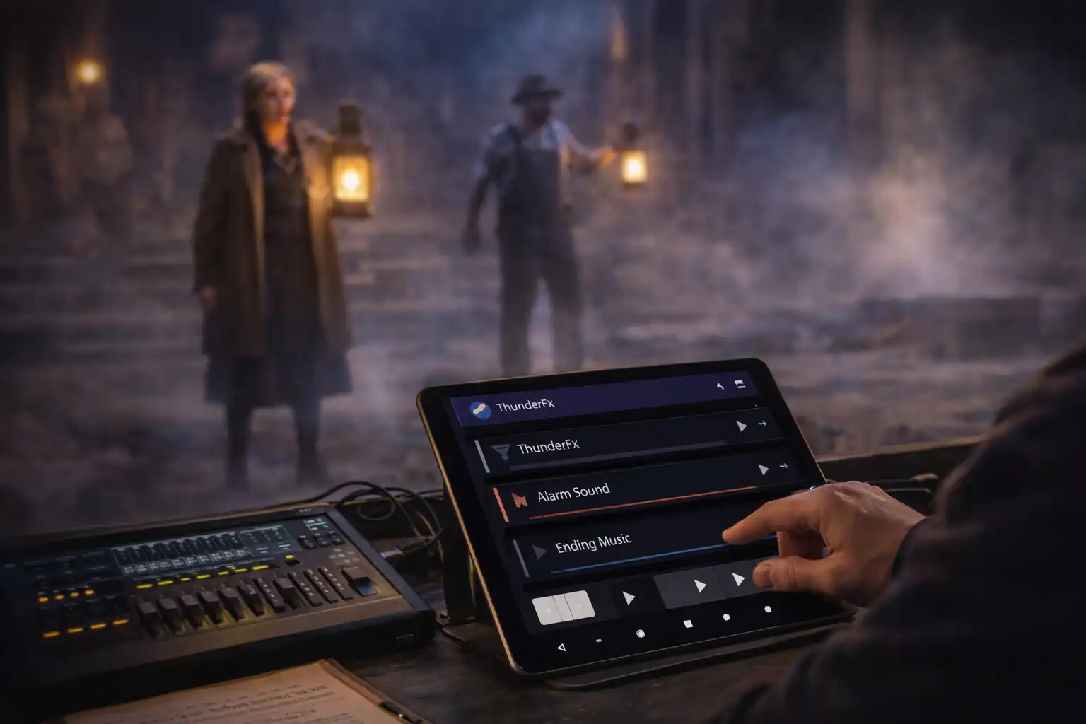 Interface simple avec grands boutons pour lancer des sons sur scène